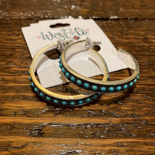 Rocking Bar H Silver Hoops with Turquoise Stones